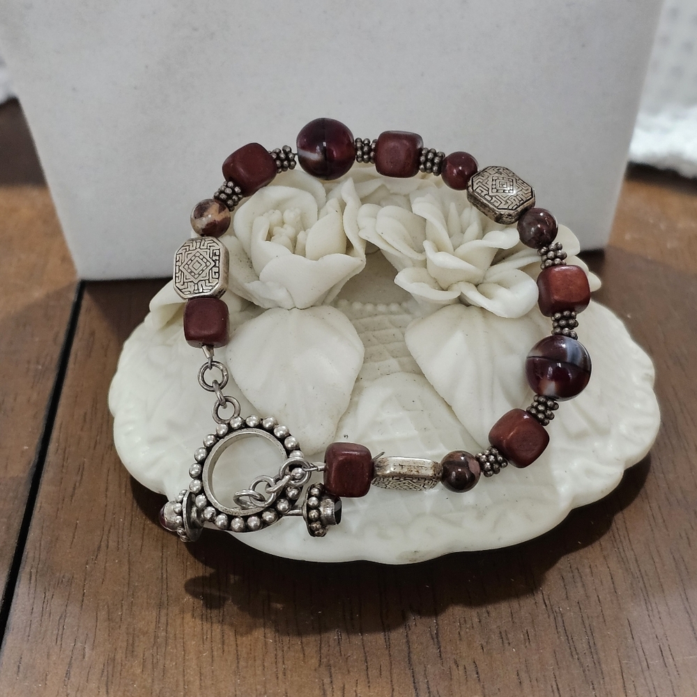 Red Gemstone and Glass Bead Vintage Silver Bracelet with Gemstone Toggle Clasp